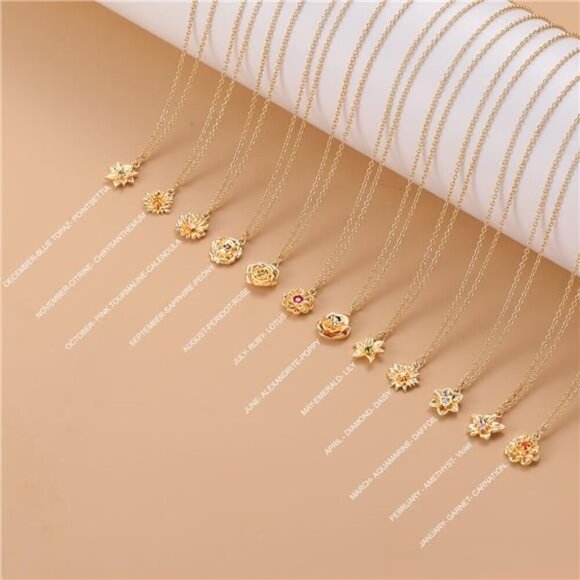 Birthstone Birthflower Necklaces for Women 14K Gold Cherry Blossom Pendant - Picture 4 of 5